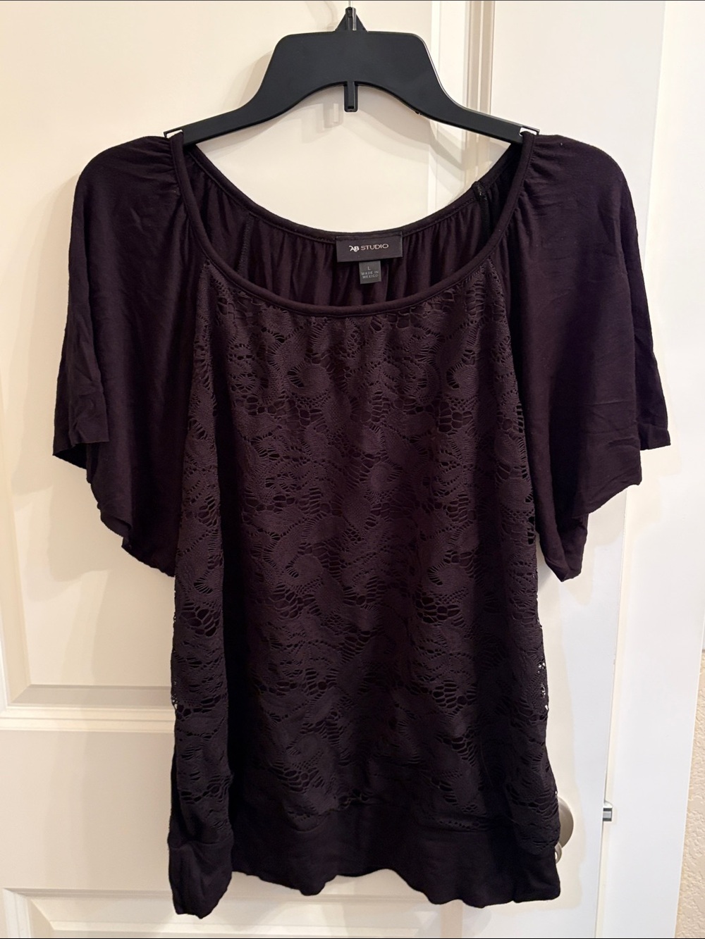 AB Studio Black Lace Front Flutter-Sleeve Blouse